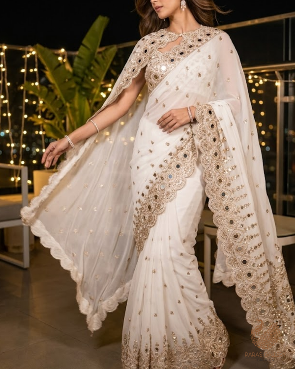 White Dyeable Georgette Fabric With All Over Sequins, Katdana, Zari And Faux Mirror Work With One Side Heavy Border 23671