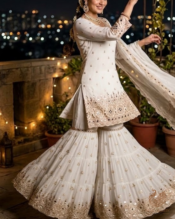 White Dyeable Georgette Fabric With All Over Sequins, Katdana, Zari And Faux Mirror Work With One Side Heavy Border 23671
