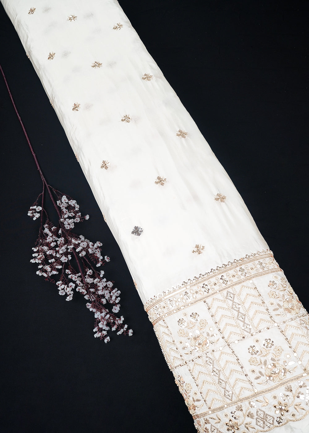 White Dyeable Crepe Fabric With All Over Sequins, Katdana, Bead And Zari Work With One Side Heavy Border 23672