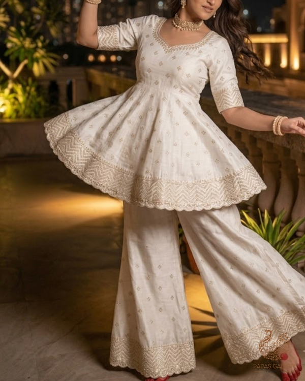 White Dyeable Crepe Fabric With All Over Sequins, Katdana, Bead And Zari Work With One Side Heavy Border 23672