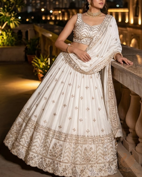 White Dyeable Crepe Fabric With All Over Sequins, Katdana, Bead And Zari Work With One Side Heavy Border 23672