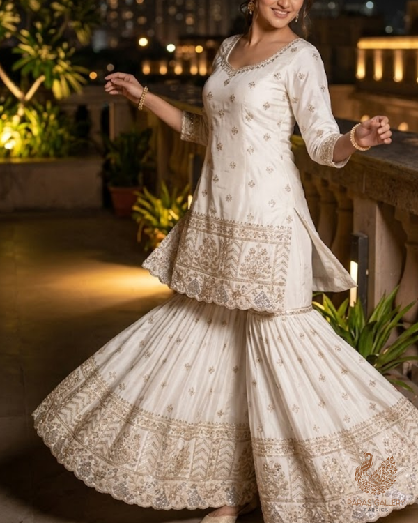 White Dyeable Crepe Fabric With All Over Sequins, Katdana, Bead And Zari Work With One Side Heavy Border 23672