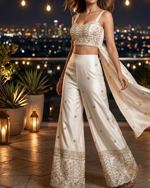 White Dyeable Crepe Fabric With All Over Sequins, Katdana, Bead And Zari Work With One Side Heavy Border 23672