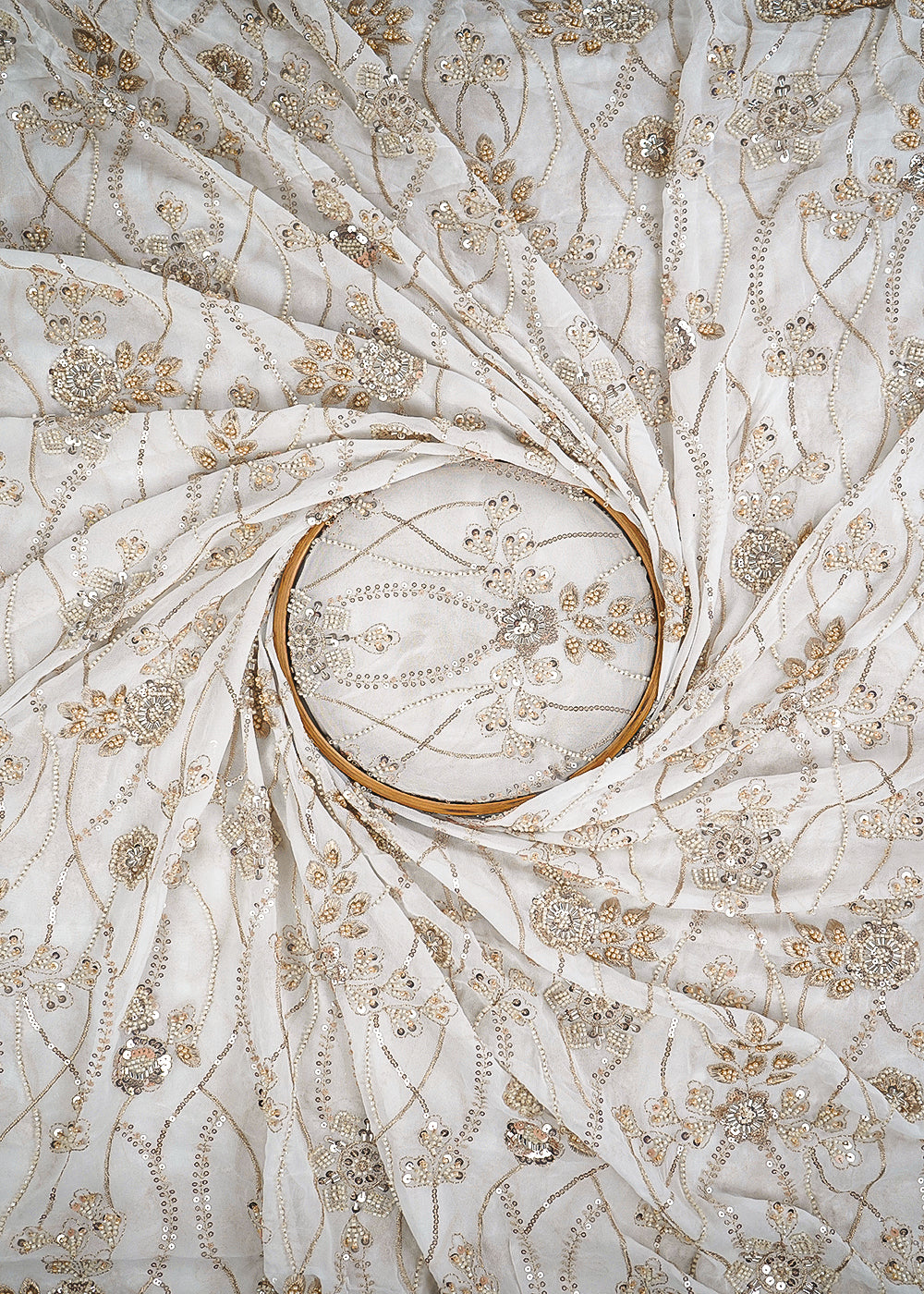 White Dyeable Georgette Fabric With All Over Sequins, Katdana, Bead And Zari Work 23673