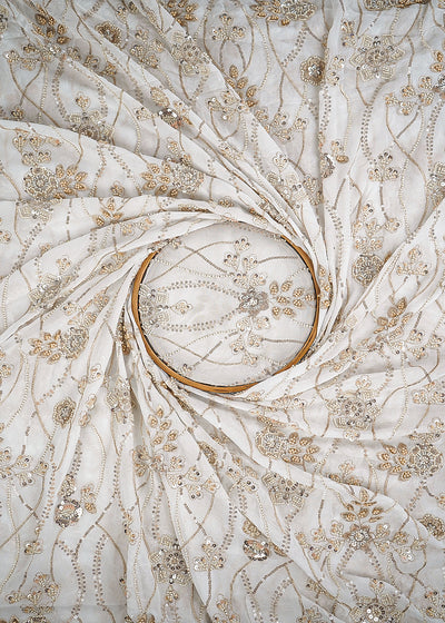 White Dyeable Georgette Fabric With All Over Sequins, Katdana, Bead And Zari Work 23673
