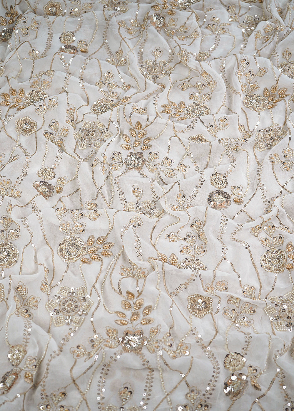 White Dyeable Georgette Fabric With All Over Sequins, Katdana, Bead And Zari Work 23673