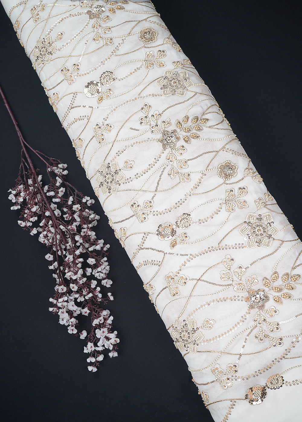 White Dyeable Georgette Fabric With All Over Sequins, Katdana, Bead And Zari Work 23673