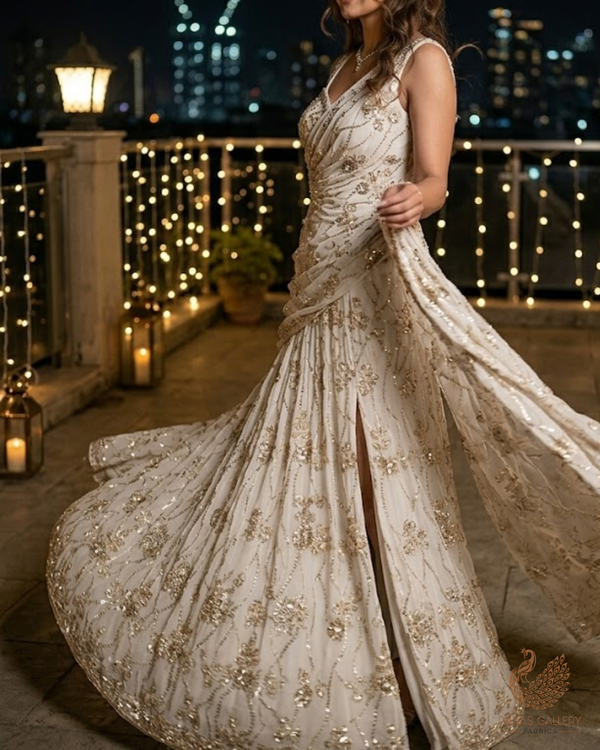 White Dyeable Georgette Fabric With All Over Sequins, Katdana, Bead And Zari Work 23673