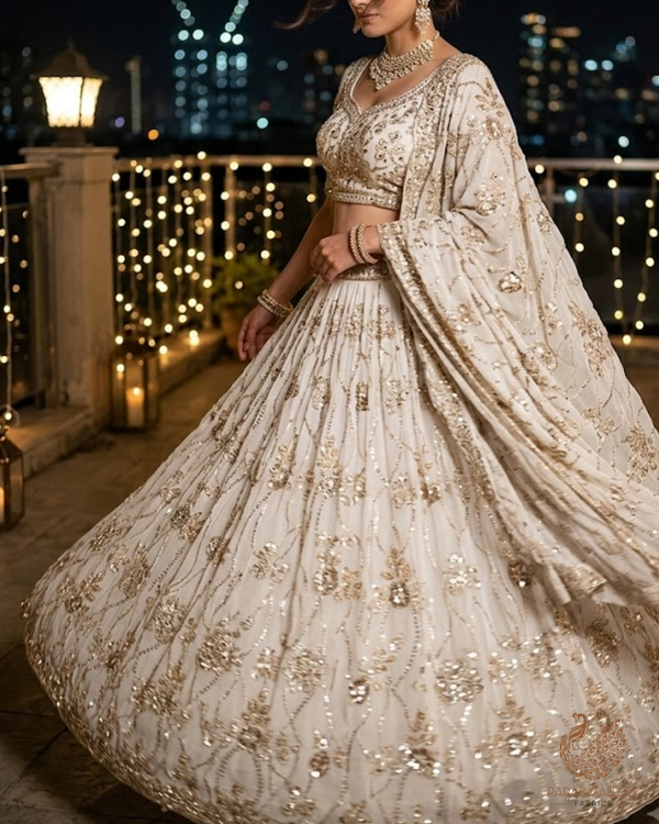 White Dyeable Georgette Fabric With All Over Sequins, Katdana, Bead And Zari Work 23673
