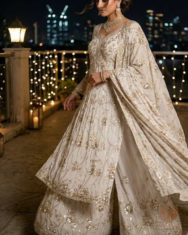 White Dyeable Georgette Fabric With All Over Sequins, Katdana, Bead And Zari Work 23673