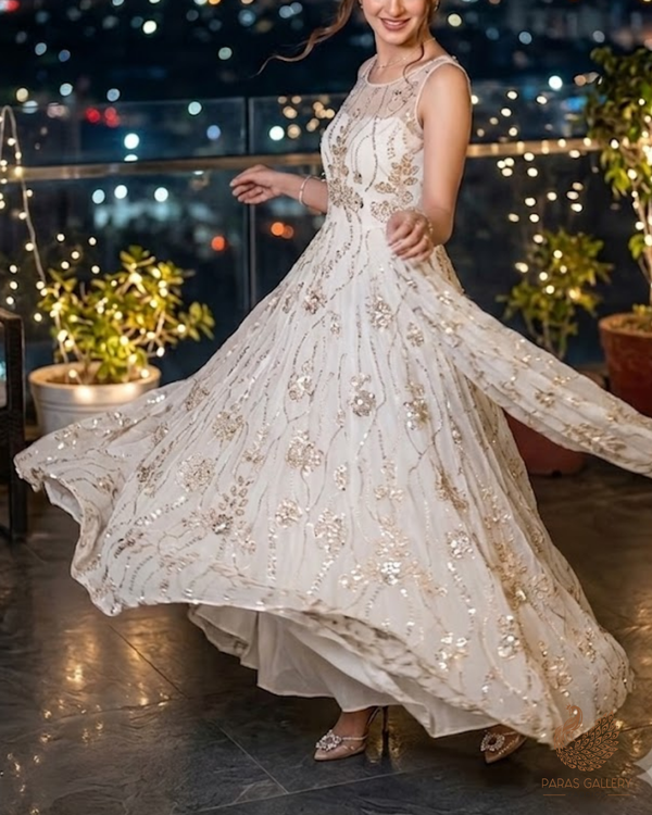 White Dyeable Georgette Fabric With All Over Sequins, Katdana, Bead And Zari Work 23673