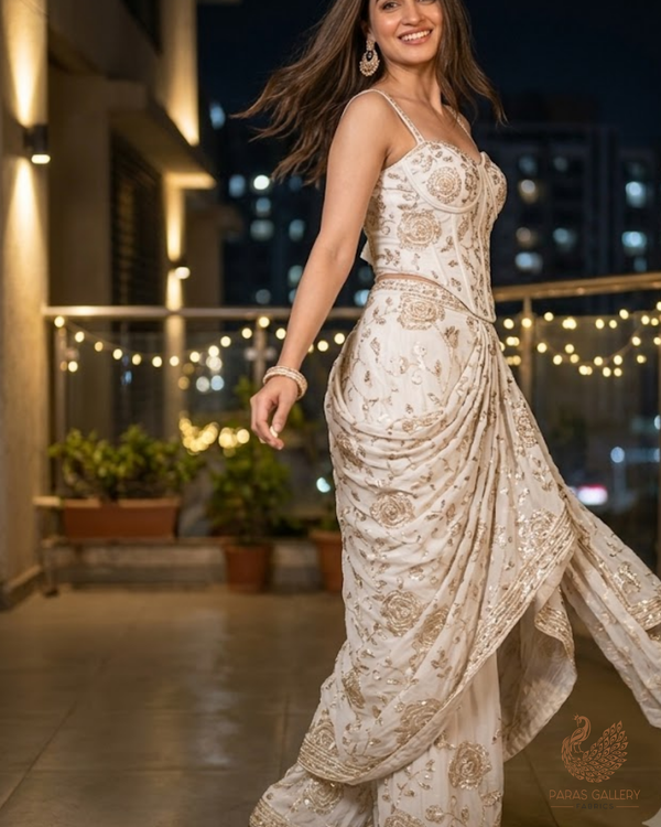 White Dyeable Crepe Fabric With All Over Sequins, Katdana, Bead And Zari Work 23674
