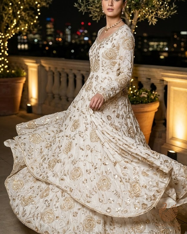 White Dyeable Crepe Fabric With All Over Sequins, Katdana, Bead And Zari Work 23674