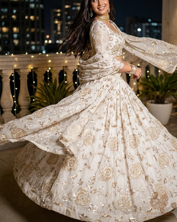 White Dyeable Crepe Fabric With All Over Sequins, Katdana, Bead And Zari Work 23674