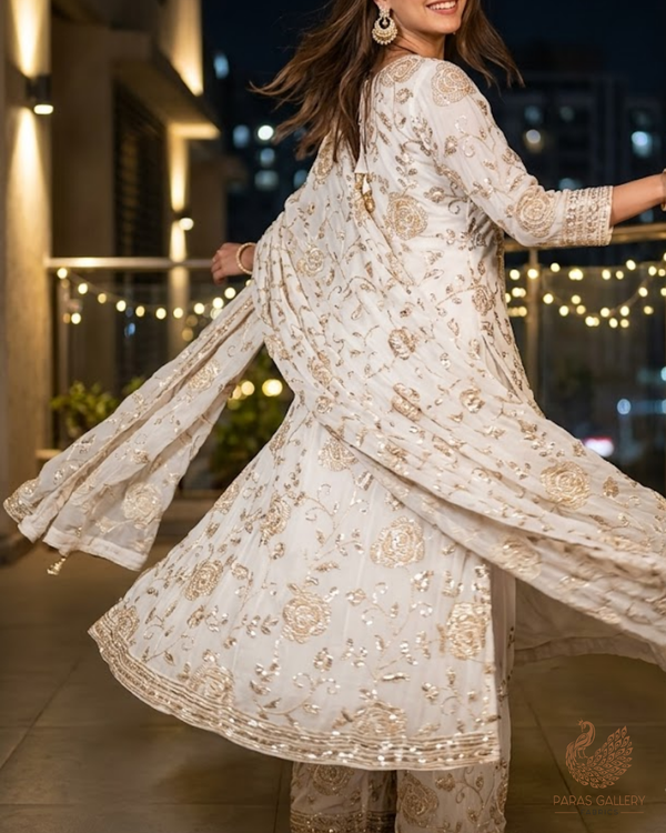 White Dyeable Crepe Fabric With All Over Sequins, Katdana, Bead And Zari Work 23674