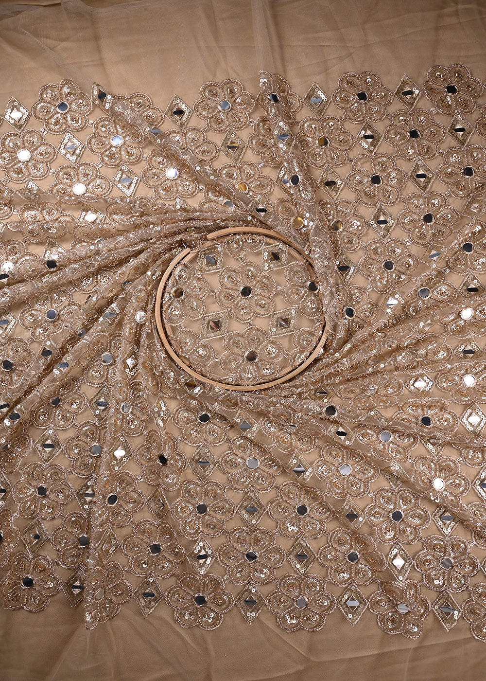 Golden Imported Net Fabric With All Over Sequins, Katdana, Bead, Zari And Faux Mirror Work 23675