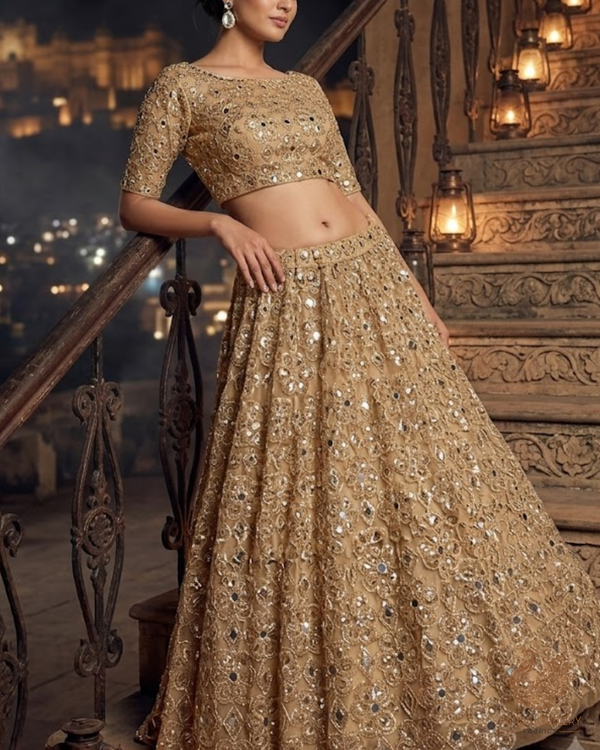 Golden Imported Net Fabric With All Over Sequins, Katdana, Bead, Zari And Faux Mirror Work 23675