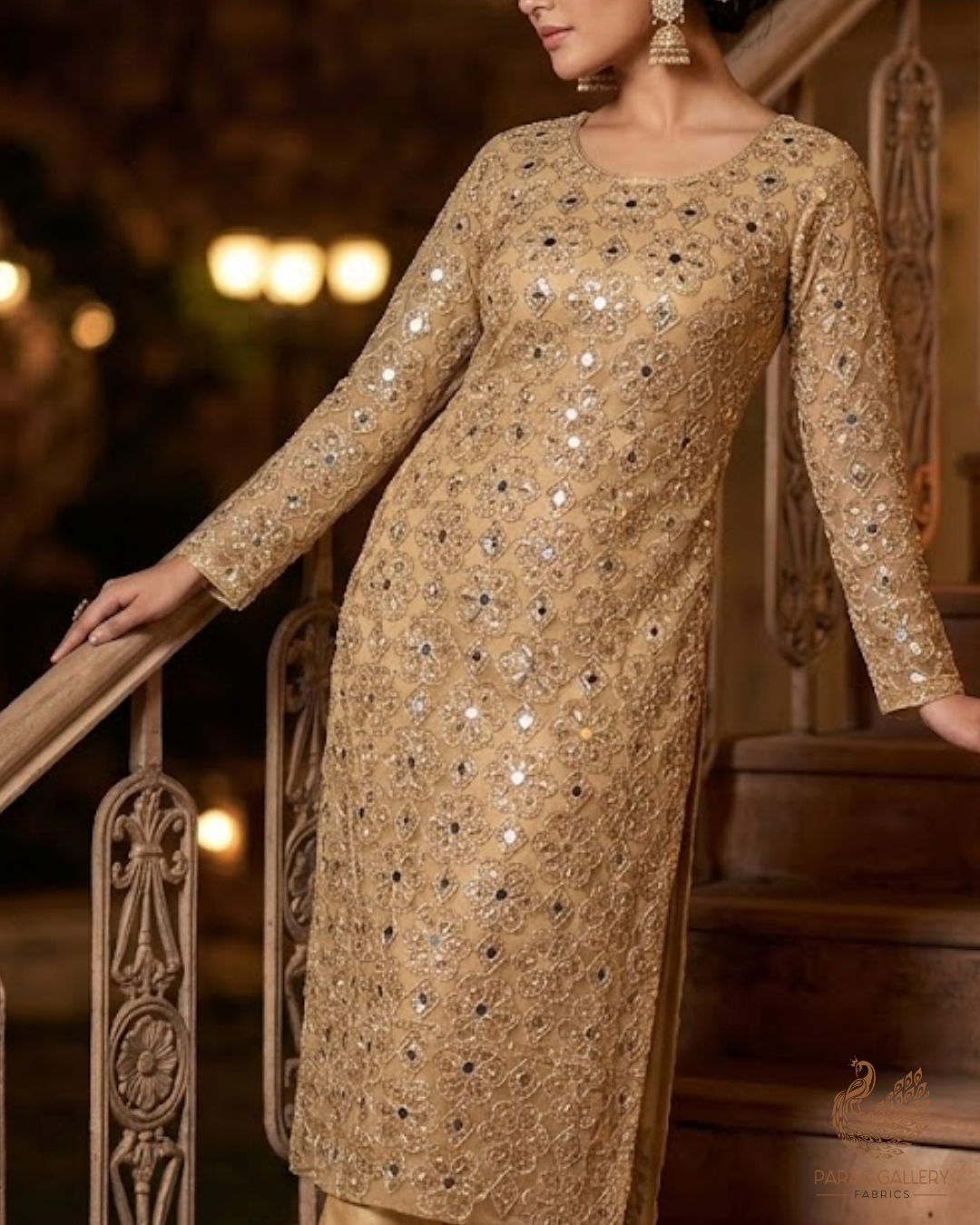 Golden Imported Net Fabric With All Over Sequins, Katdana, Bead, Zari And Faux Mirror Work 23675