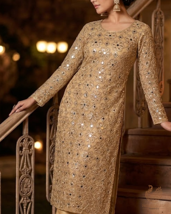 Golden Imported Net Fabric With All Over Sequins, Katdana, Bead, Zari And Faux Mirror Work 23675