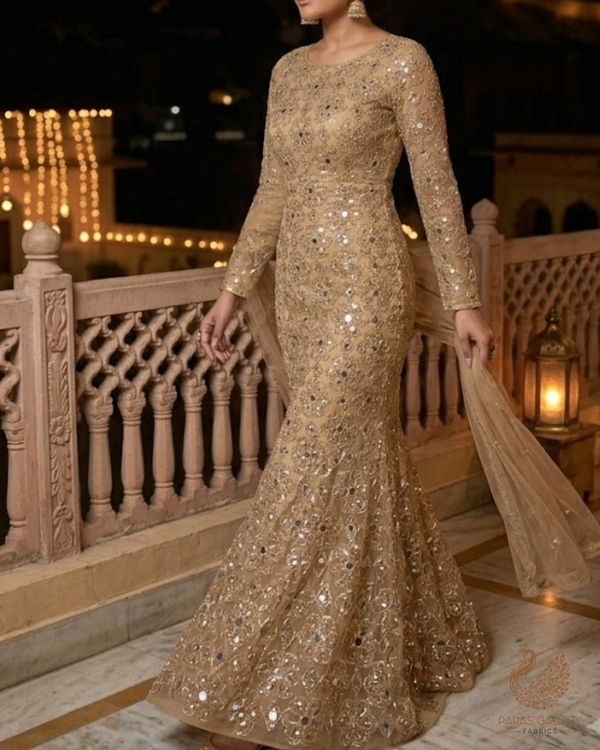 Golden Imported Net Fabric With All Over Sequins, Katdana, Bead, Zari And Faux Mirror Work 23675
