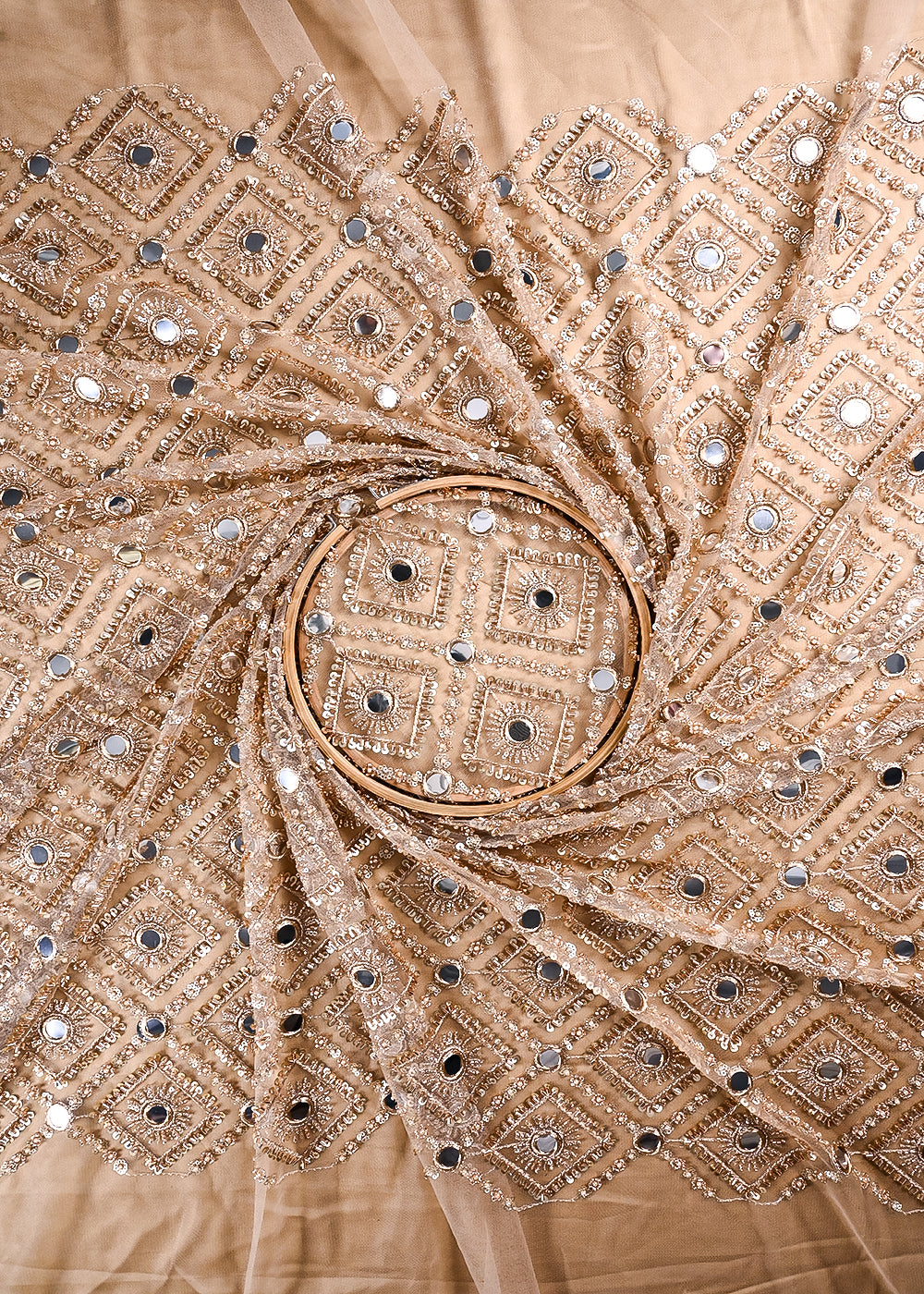Golden Net Fabric With All Over Sequins, Katdana, Bead, Zari And Faux Mirror Work 23676