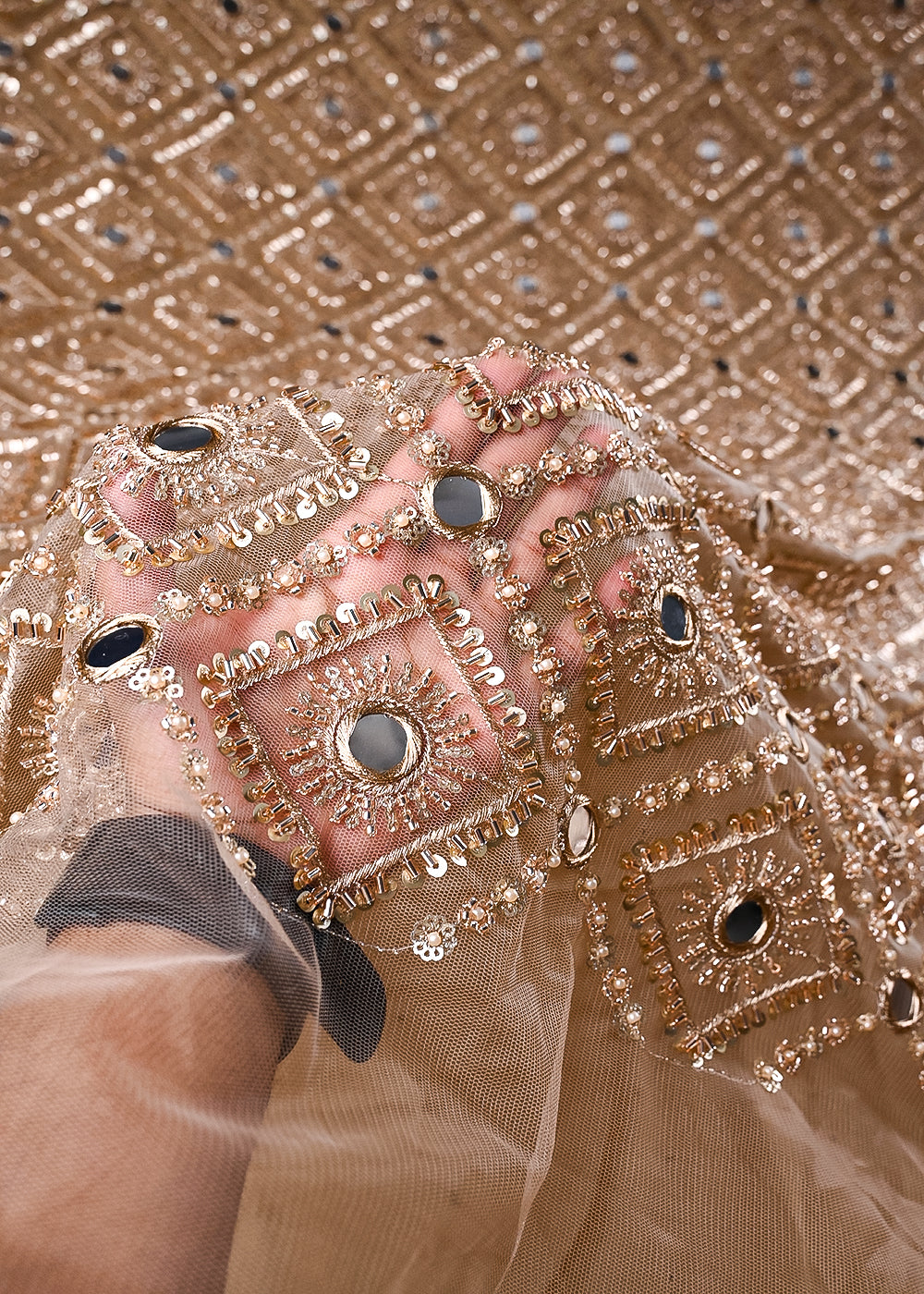 Golden Net Fabric With All Over Sequins, Katdana, Bead, Zari And Faux Mirror Work 23676