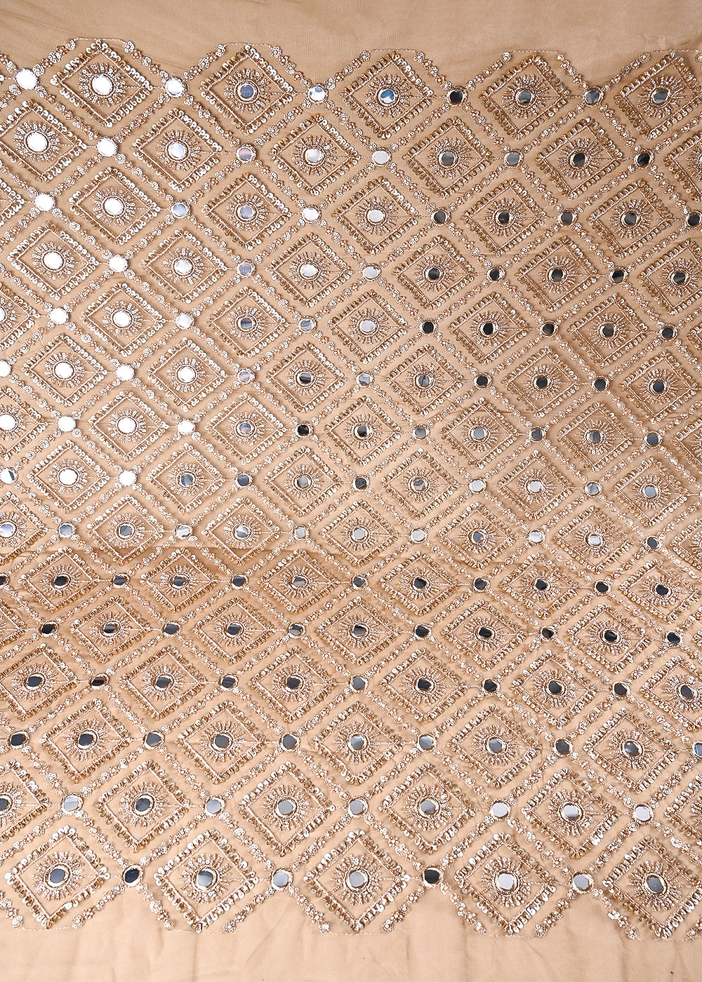 Golden Net Fabric With All Over Sequins, Katdana, Bead, Zari And Faux Mirror Work 23676