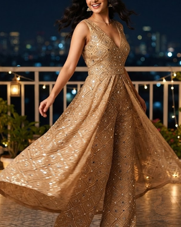 Golden Imported Net Fabric With All Over Sequins, Katdana, Bead, Zari And Faux Mirror Work 23676