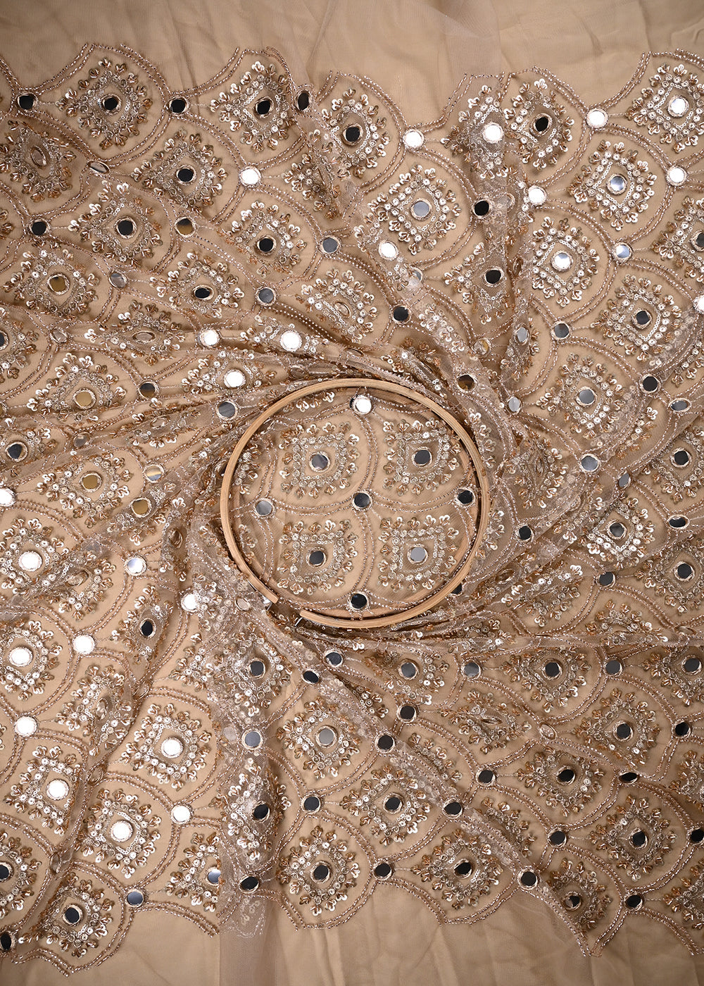 Golden Imported Net Fabric With All Over Sequins, Katdana, Bead, Zari And Faux Mirror Work 23677