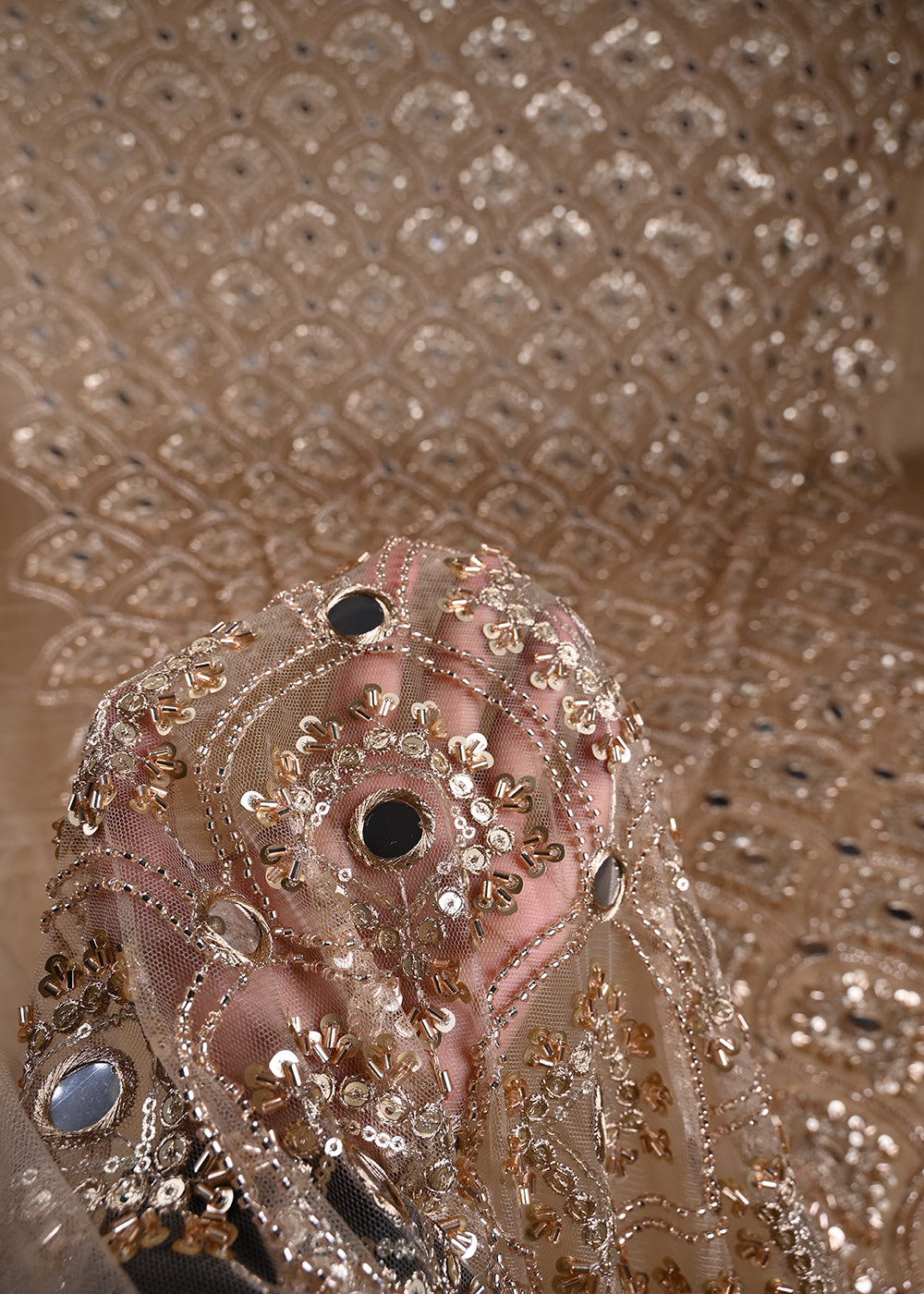 Golden Imported Net Fabric With All Over Sequins, Katdana, Bead, Zari And Faux Mirror Work 23677