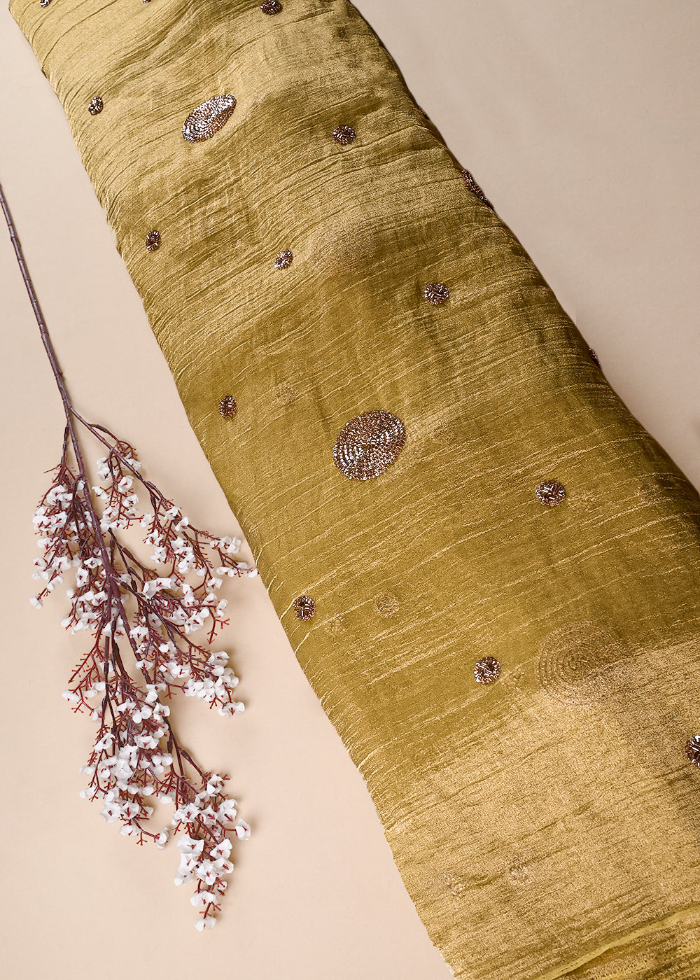 Pista Green Crushed Tissue Fabric With All Over Sequins And Katdana Work 23685