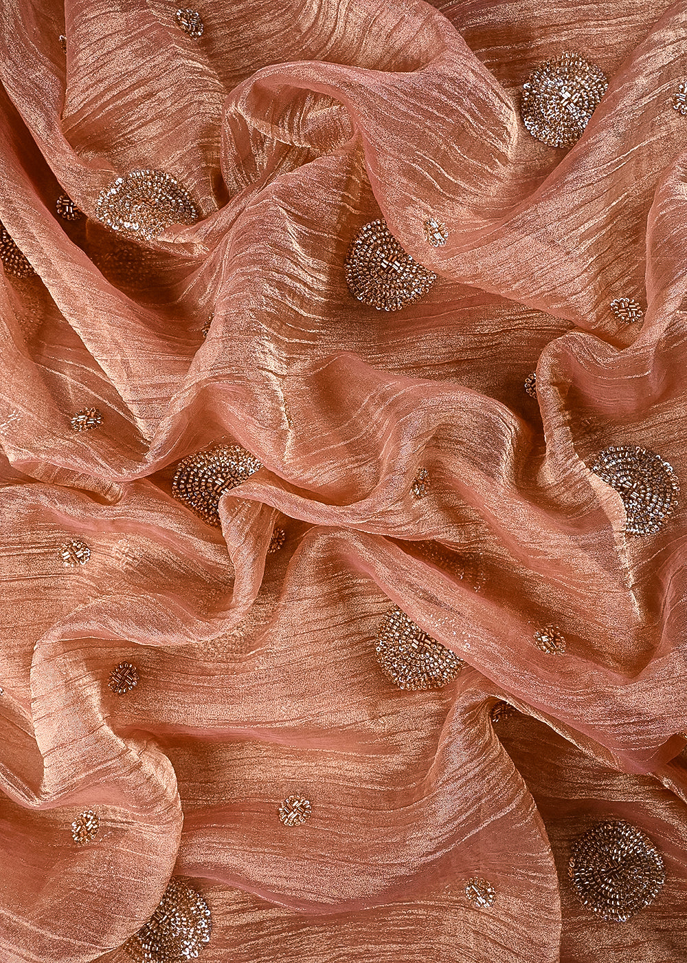 Peach Crushed Tissue Fabric With All Over Sequins And Katdana Work 23686