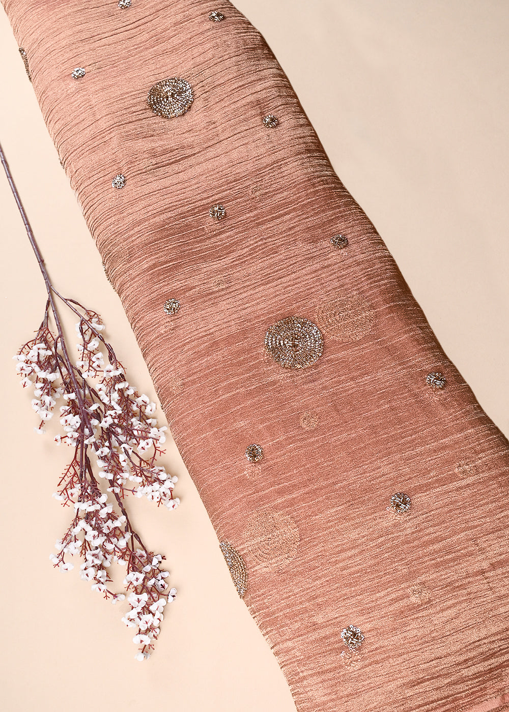 Peach Crushed Tissue Fabric With All Over Sequins And Katdana Work 23686