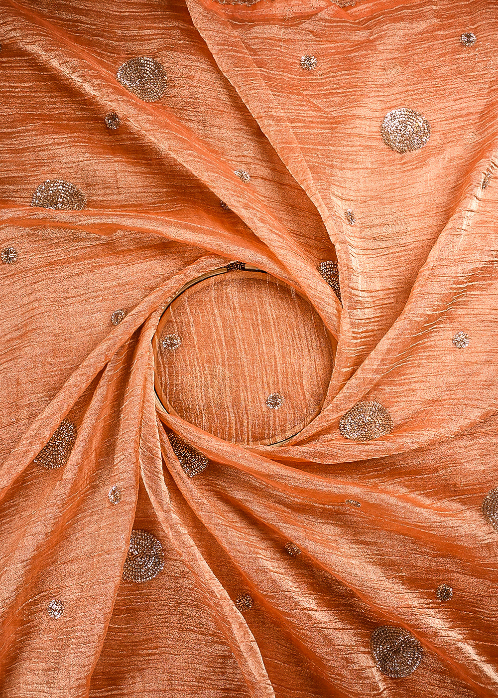 Orange Crushed Tissue Fabric With All Over Sequins And Katdana Work 23687