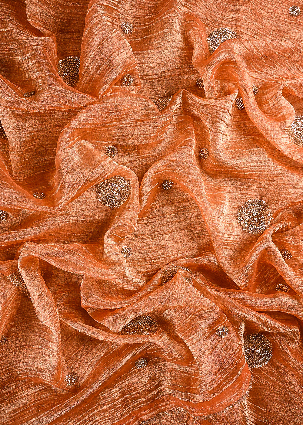 Orange Crushed Tissue Fabric With All Over Sequins And Katdana Work 23687