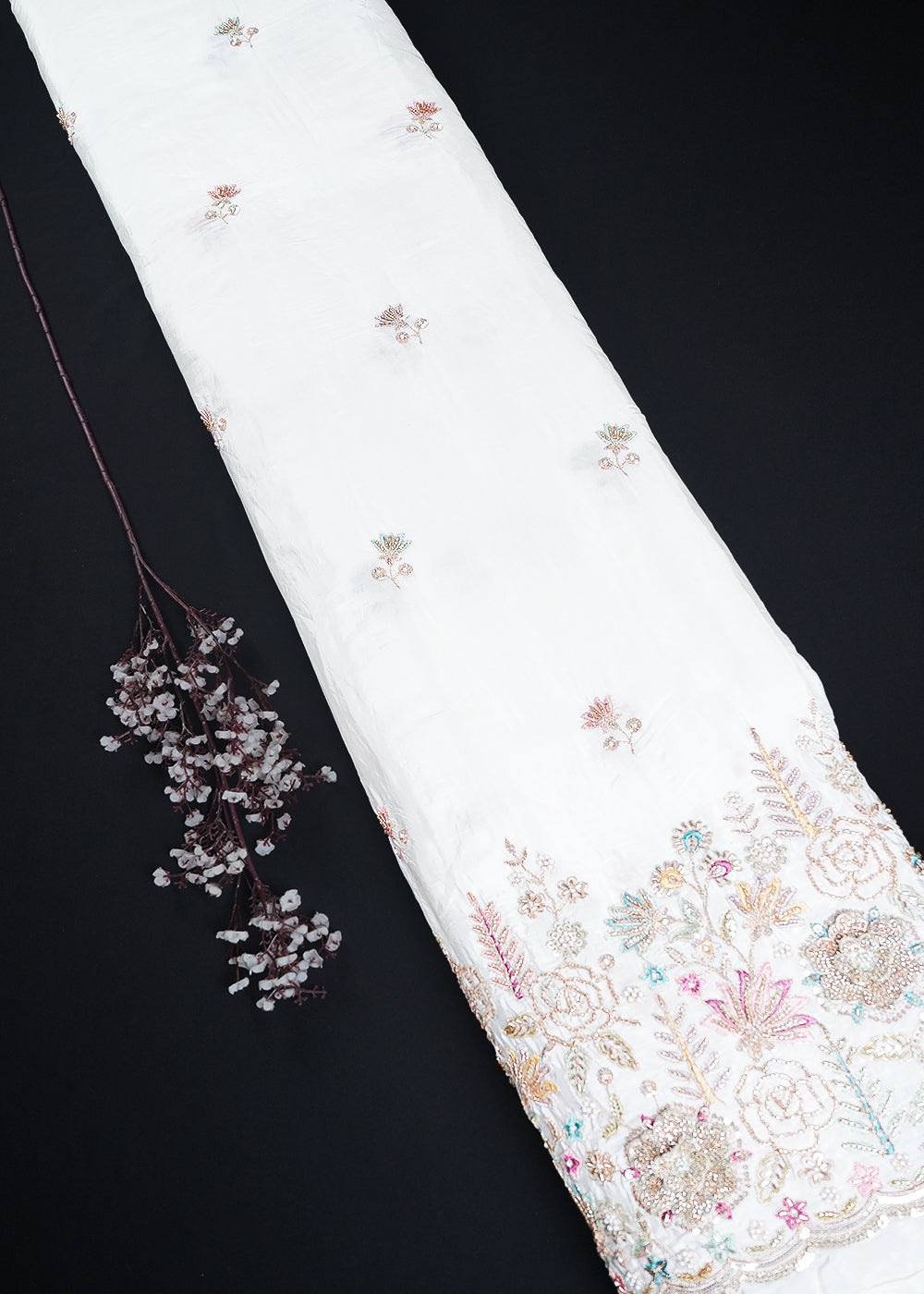 White Dyeable Crepe Fabric With All Over Sequins, Katdana, Zari, Thread, Bead And 3D Work With One Side Heavy Border 23689