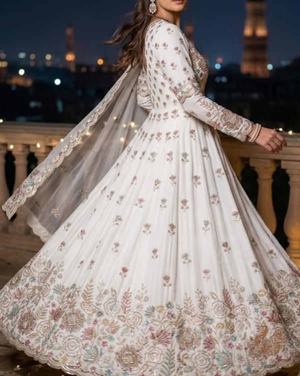 White Dyeable Crepe Fabric With All Over Sequins, Katdana, Zari, Thread, Bead And 3D Work With One Side Heavy Border 23689