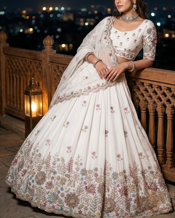 White Dyeable Crepe Fabric With All Over Sequins, Katdana, Zari, Thread, Bead And 3D Work With One Side Heavy Border 23689