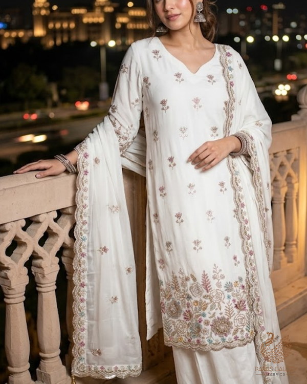 White Dyeable Crepe Fabric With All Over Sequins, Katdana, Zari, Thread, Bead And 3D Work With One Side Heavy Border 23689