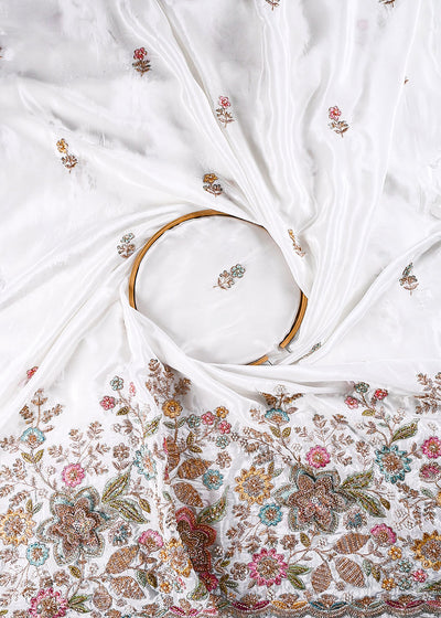 White Dyeable Crepe Fabric With All Over Sequins, Katdana, Zari, Thread, Bead And 3D Work With One Side Heavy Border 23690