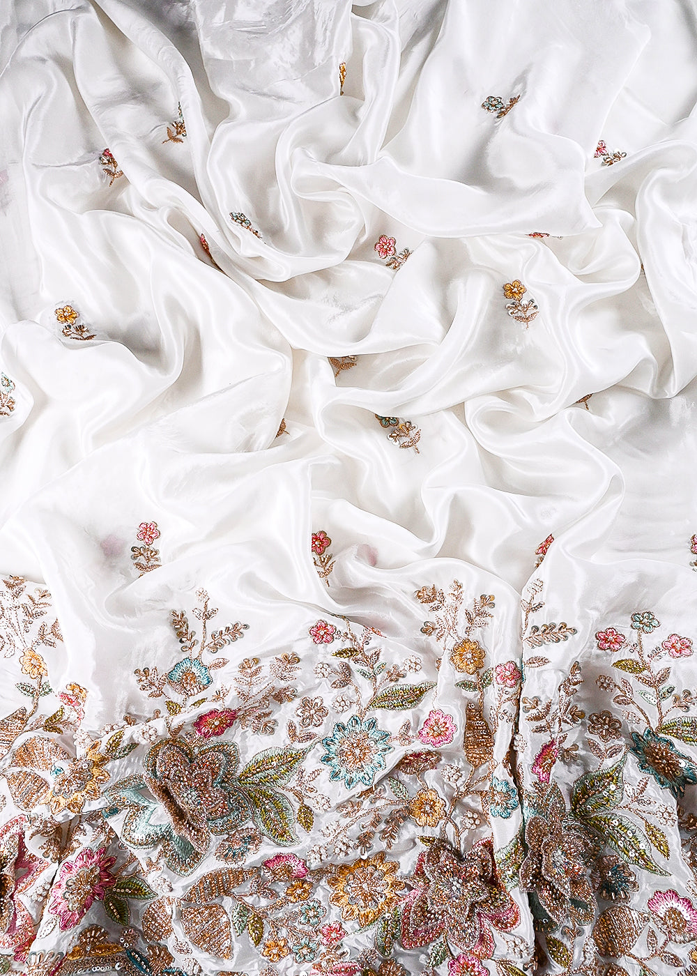 White Dyeable Crepe Fabric With All Over Sequins, Katdana, Zari, Thread, Bead And 3D Work With One Side Heavy Border 23690