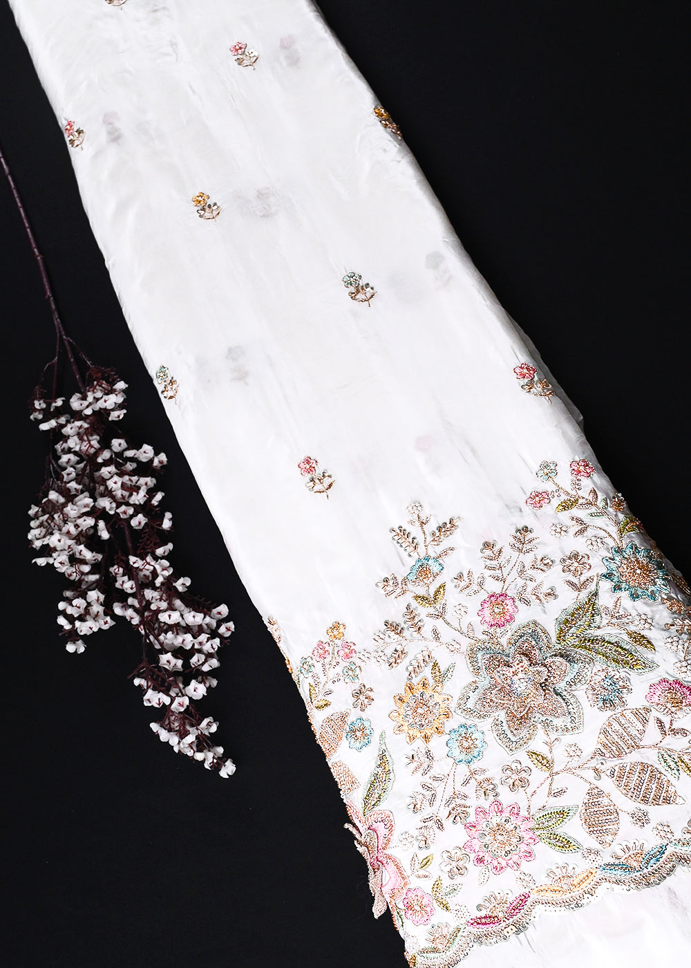 White Dyeable Crepe Fabric With All Over Sequins, Katdana, Zari, Thread, Bead And 3D Work With One Side Heavy Border 23690