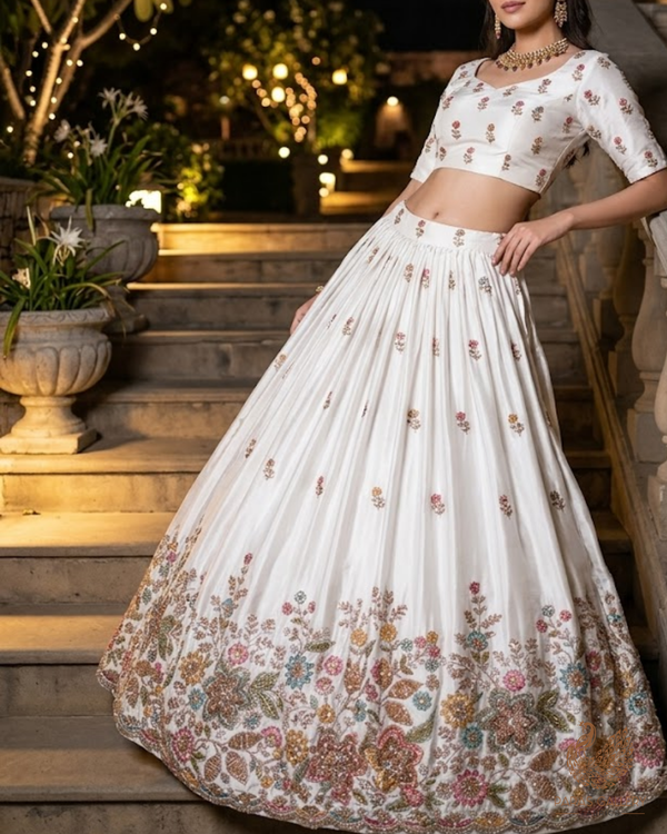 White Dyeable Crepe Fabric With All Over Sequins, Katdana, Zari, Thread, Bead And 3D Work With One Side Heavy Border 23690