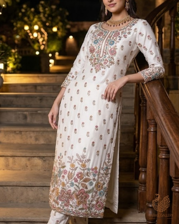 White Dyeable Crepe Fabric With All Over Sequins, Katdana, Zari, Thread, Bead And 3D Work With One Side Heavy Border 23690