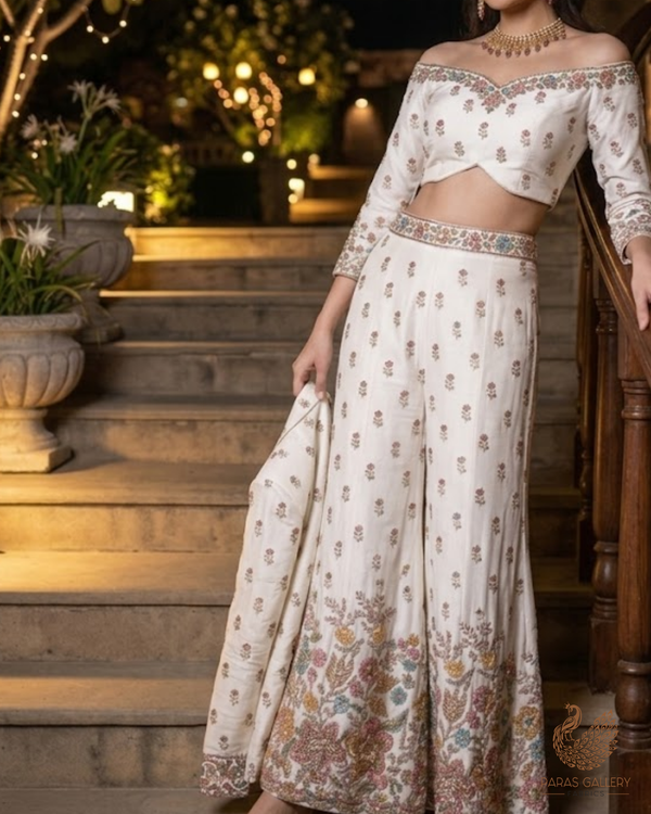 White Dyeable Crepe Fabric With All Over Sequins, Katdana, Zari, Thread, Bead And 3D Work With One Side Heavy Border 23690