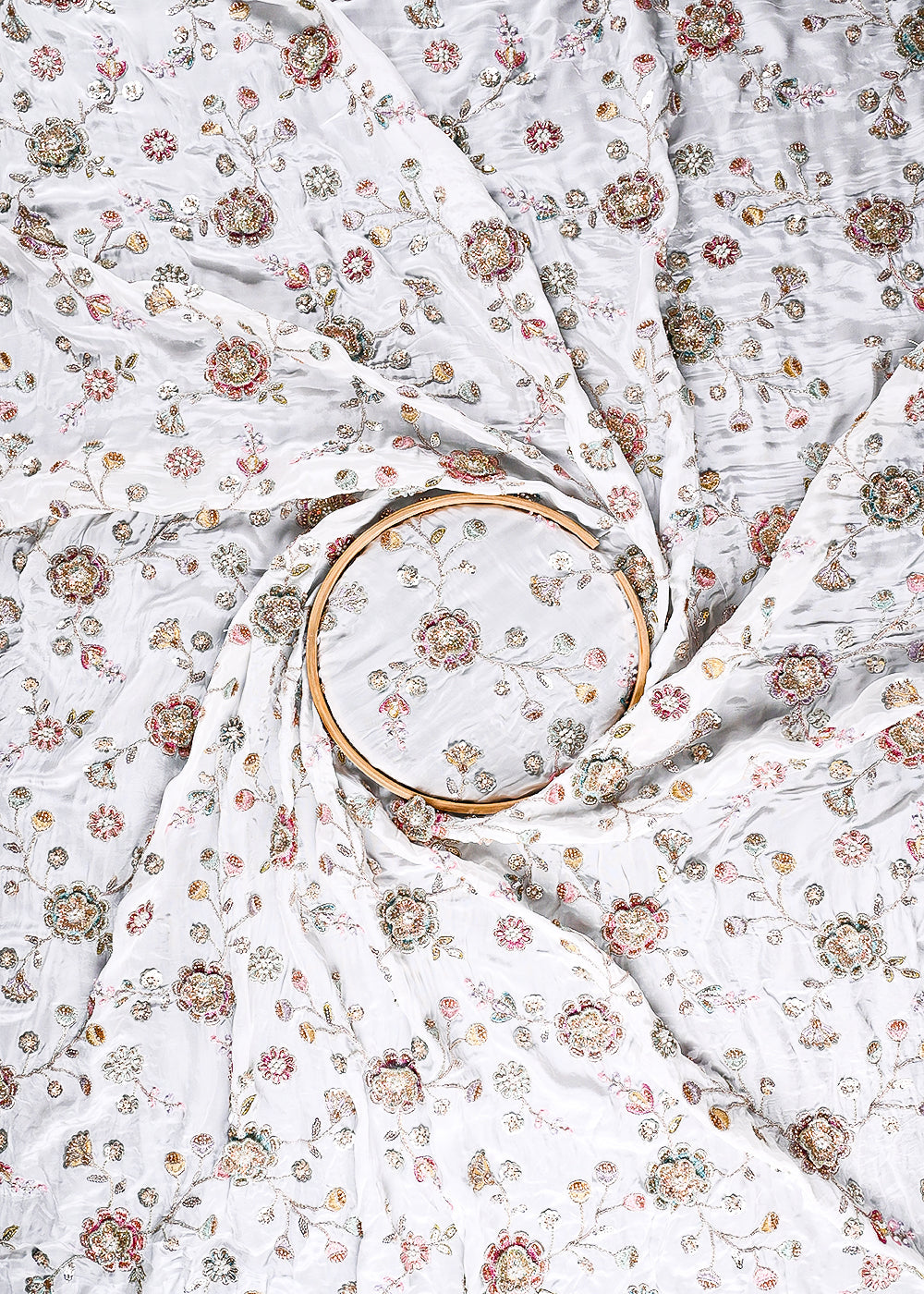 White Dyeable Crepe Fabric With All Over Sequins, Katdana, Zari, Thread, Bead And 3D Work  23691