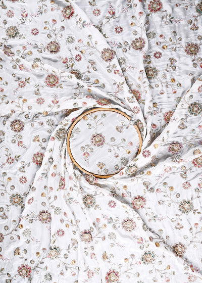 White Dyeable Crepe Fabric With All Over Sequins, Katdana, Zari, Thread, Bead And 3D Work  23691