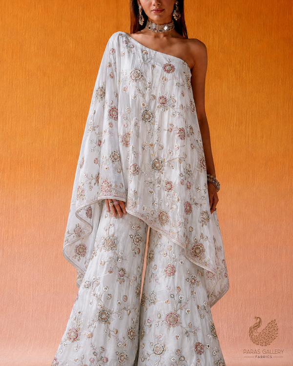 White Dyeable Crepe Fabric With All Over Sequins, Katdana, Zari, Thread, Bead And 3D Work  23691
