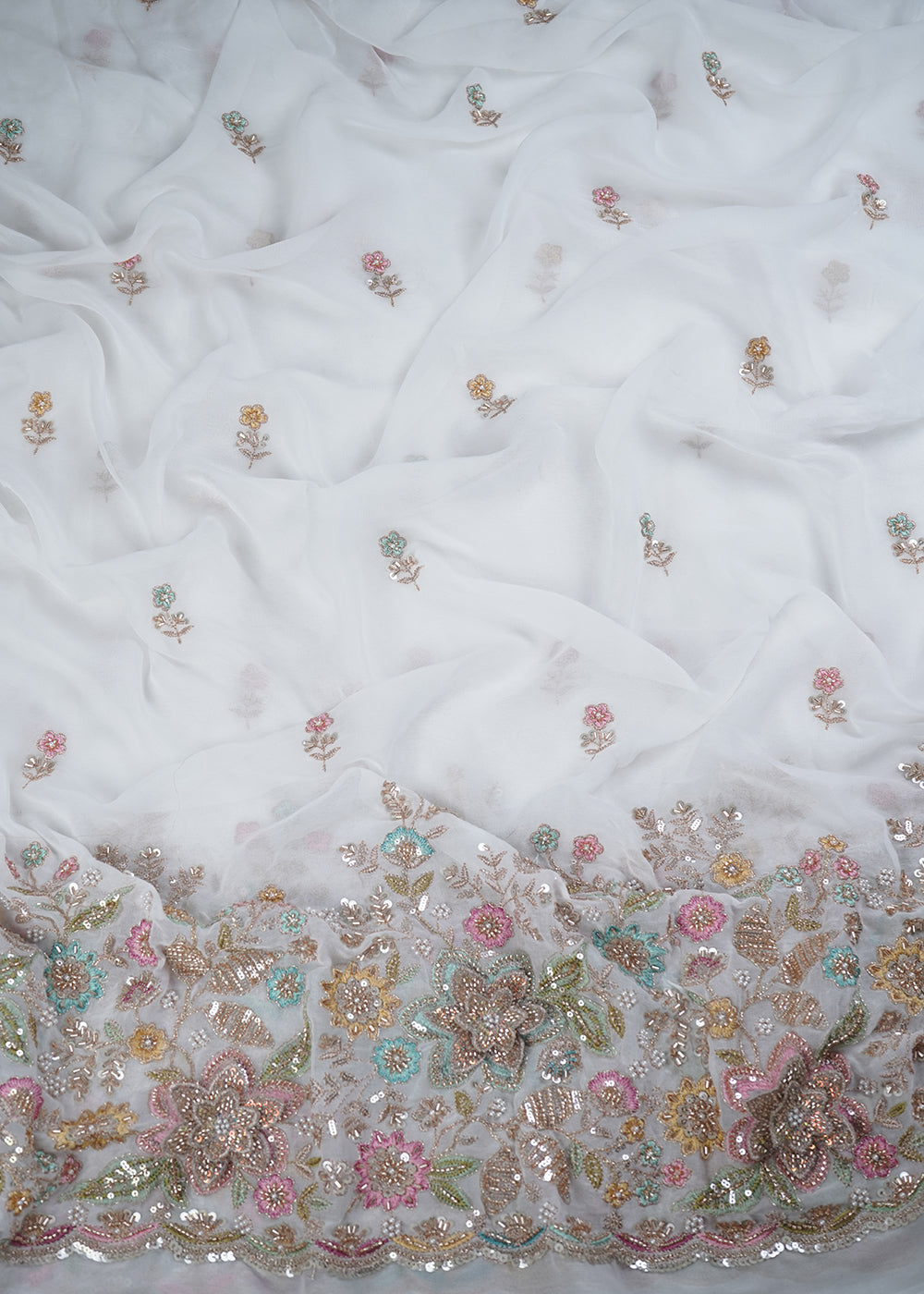 White Dyeable Georgette Fabric With All Over Sequins, Katdana, Zari, Thread, Bead And 3D Work With One Side Heavy Border 23692