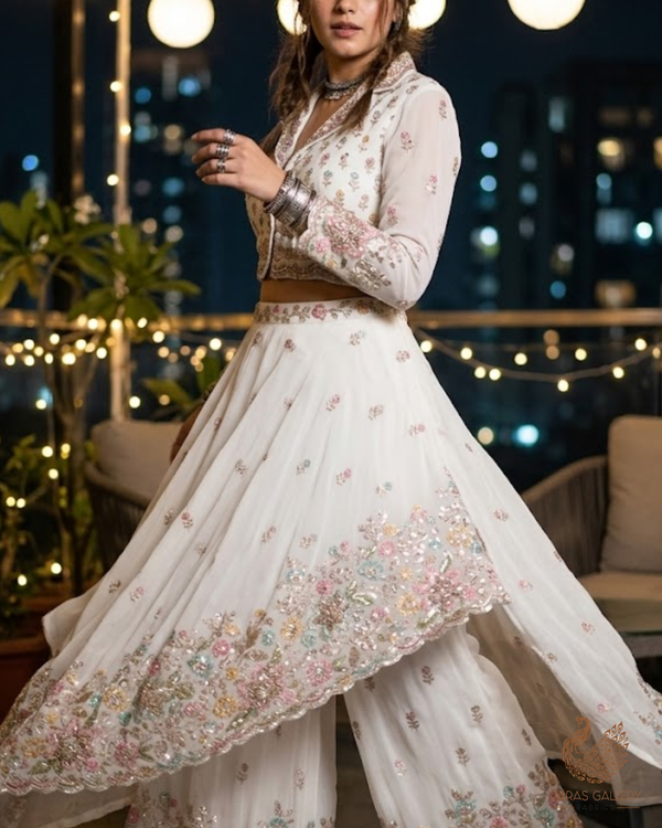 White Dyeable Georgette Fabric With All Over Sequins, Katdana, Zari, Thread, Bead And 3D Work With One Side Heavy Border 23692